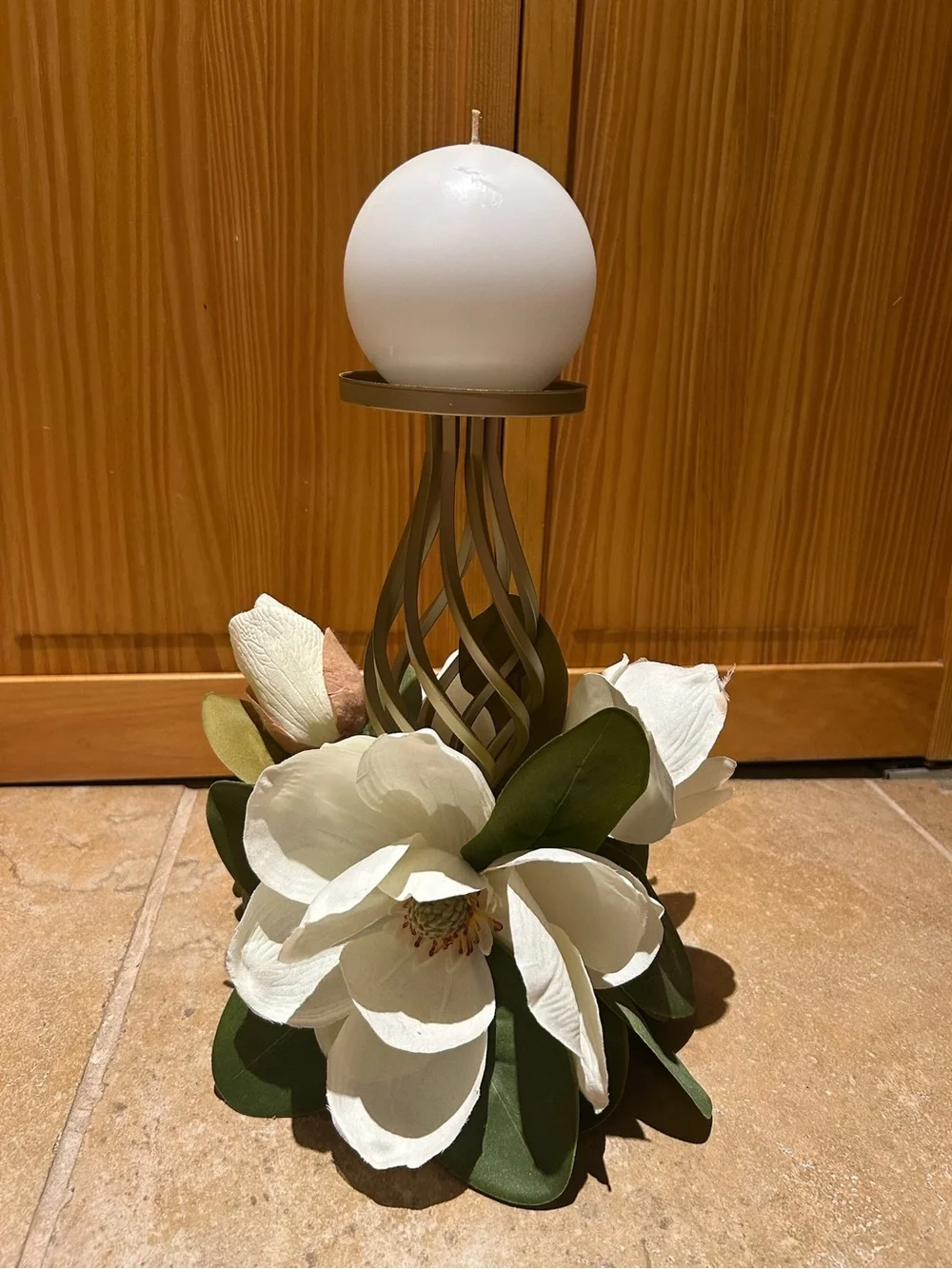 White Floral Magnolia Candle Holder with Green Leaves & White Candle- Home Decor